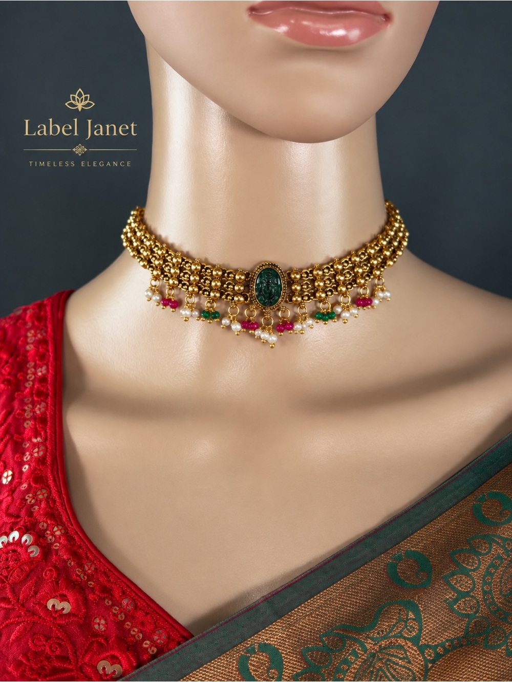 Gold-Tone Green and Pink Statement Choker Necklace Set